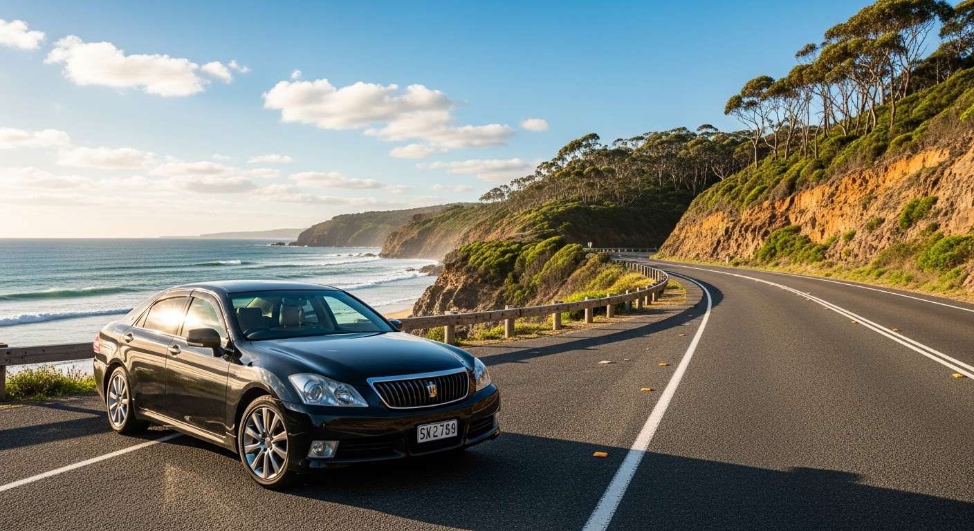 Black Toyota Crown Majesta GWS214 driving on an Australian coastal road